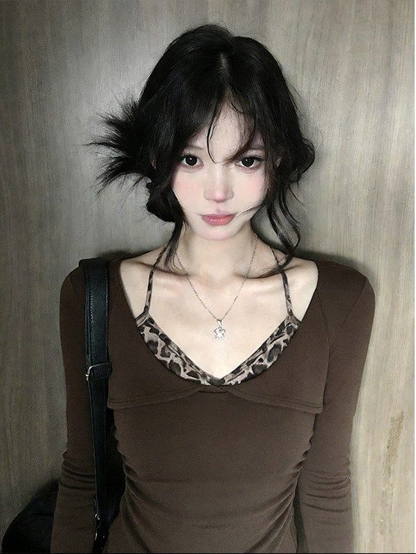 Leopard Print Fake Two-Piece V-Neck Long Sleeve Top