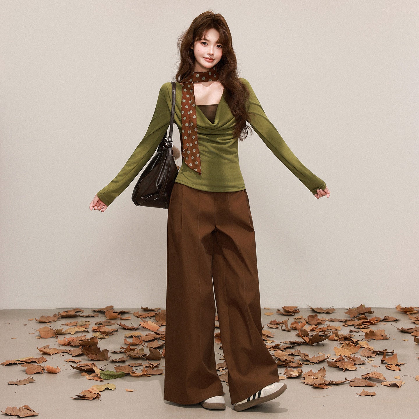 Silk Scarf Neck Two-Piece Top - Brown