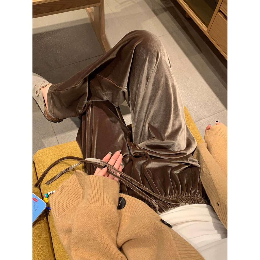 Women’s Gold Velvet Wide-Leg Pants – 2025 Winter Fleece-Lined Straight Drape Casual Trousers