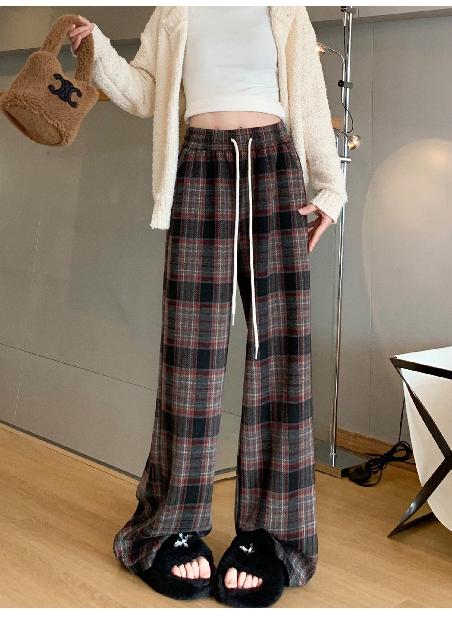 Women’s Plaid Wide-Leg Pants – 2025 Winter Fleece Thickened Straight-Leg Drape Sweatpants