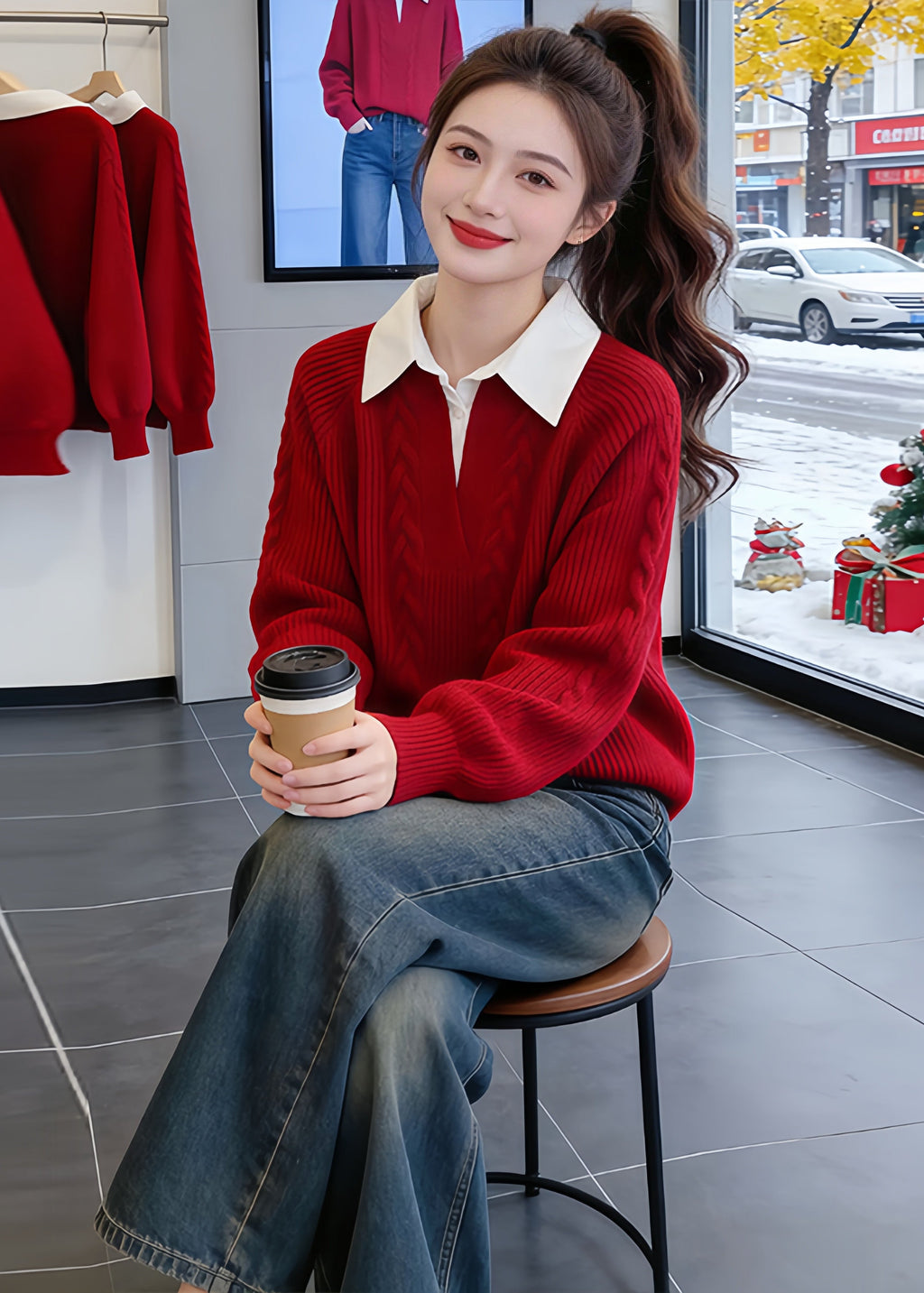 Red Polo Collar Knit Sweater - 2026 Spring/Autumn