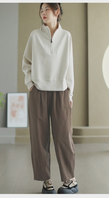 Half-Zip Loose-Fit Casual Pullover